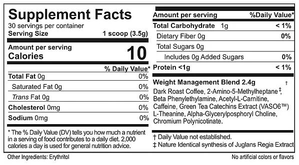 Supplement Facts of Valentus SlimRoast Optimum Coffee